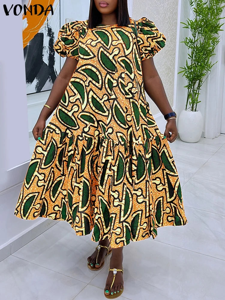 Plus Size Women Dress Vintage Print Sundress 2025 VONDA Puff Sleeve Casual Loose Vestidos Fashion Ruffled Midi Robe Femme
