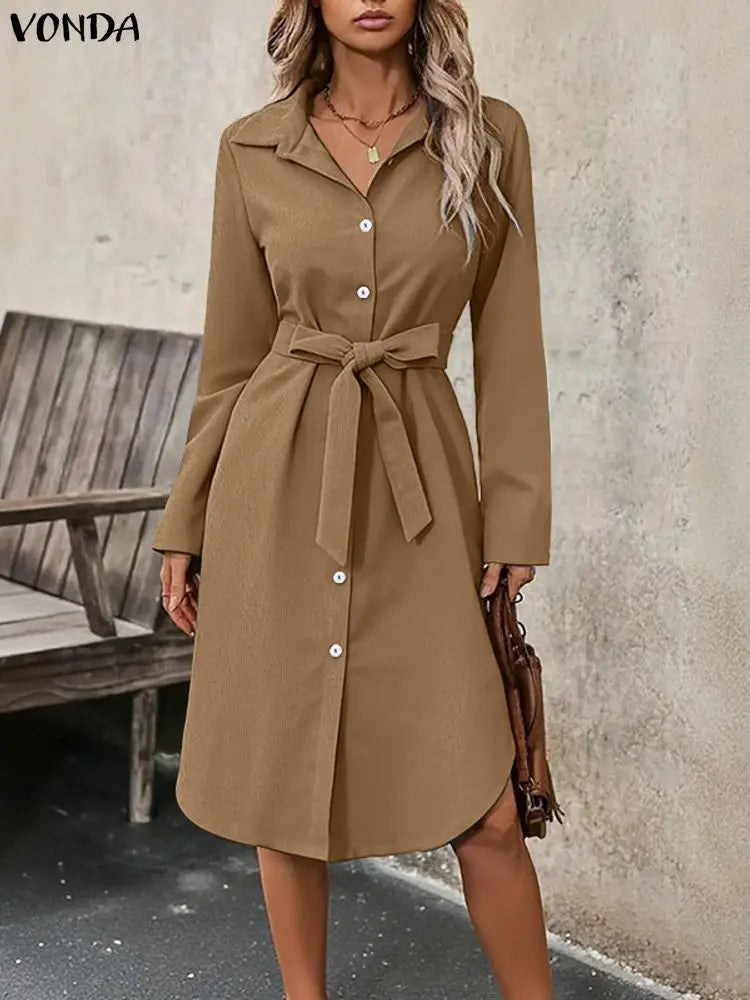 Elegant Plus Size Dresses VONDA Women Corduroy Midi Vestidos 2025 Autumn Long Sleeve Solid Casual Streetwear Holiday Party Robe