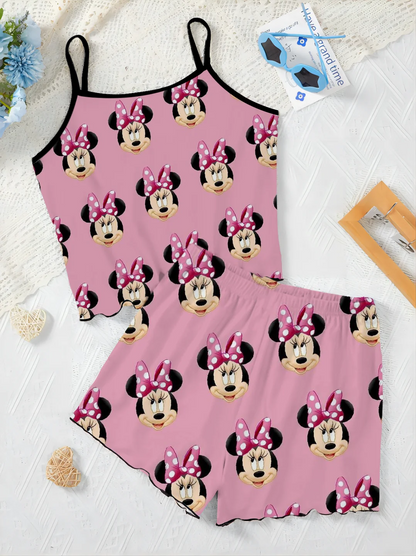 Ensemble T-shirt et Jupe de Pyjama Élégants pour Femme, Garniture en Laitue, Robe à Glisser, Haut Disney, Minnie Mouse, Pièces C