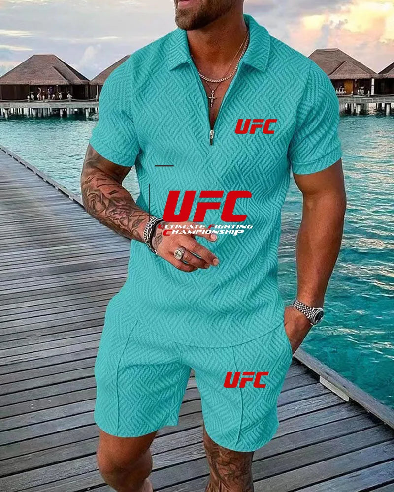2025 Summer New Casual Fashion Style Polo Set, UFC Fighting Fans, Zipper Polo Shirt+Shorts, Outdoor Sports Two Piece Set
