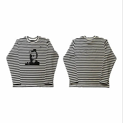 2025 New style dark black printed T-shirt, round-neck long-sleeved pullover, streetwear y2k men's and women's top