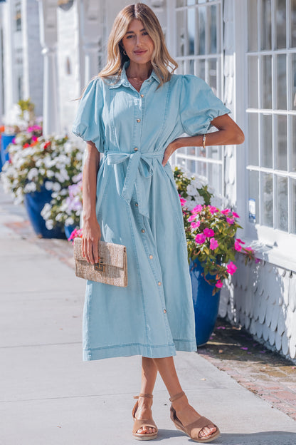 Beau Blue Full Buttons Collared Short Bubble Sleeve Long Denim Dress