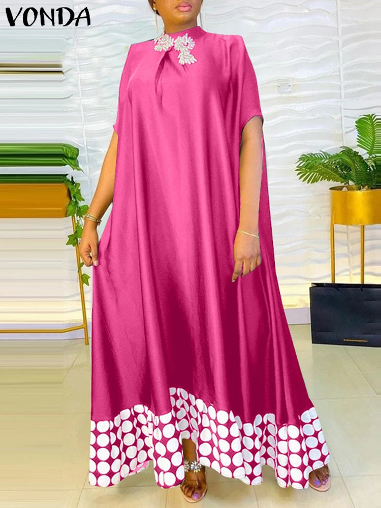 Plus Size Dresses 5XL VONDA Women Elegant Polka Dot Patchwork Sundress 2025 Summer Party Vestidos Casual Bat-wing Sleeve Robe