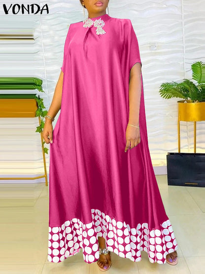 Plus Size Dresses 5XL VONDA Women Elegant Polka Dot Patchwork Sundress 2025 Summer Party Vestidos Casual Bat-wing Sleeve Robe