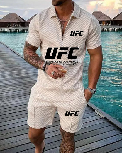 2025 Summer New Casual Fashion Style Polo Set, UFC Fighting Fans, Zipper Polo Shirt+Shorts, Outdoor Sports Two Piece Set
