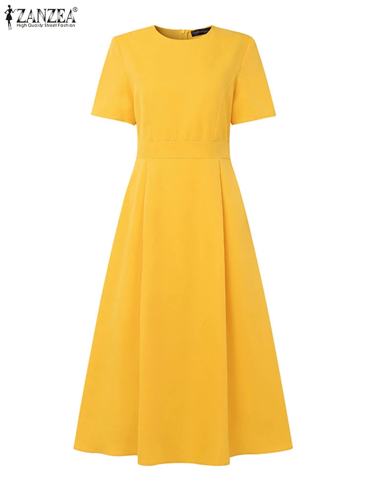 ZANZEA Plus Size Dresses Elegant Party Women Summer Short Sleeve Solid Sundress Waisted Evening Long Vestidos Casual Robe 5XL