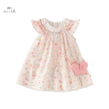 Dave Bella Girl's Dress 2025 New Summer Children Baby Princess Dress Butterfly Floral Mesh Gentle Sweet Sleeveless DB2241117