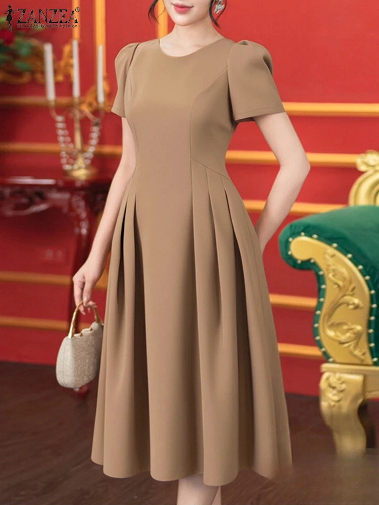 ZANZEA Women Pleated Robes O-Neck Streetwear Short Puff Sleeve Elegant Midi Dresses 2025 Fashion Solid Color A-line Vestidos