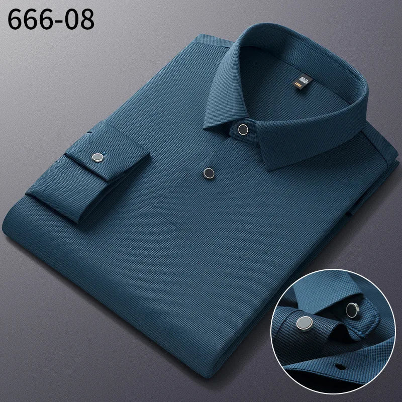 Personalized Seamless High Stretch Men's Polo Shirt Customized Long Sleeved Solid Color No Ironing High-end Vertical T-shirt