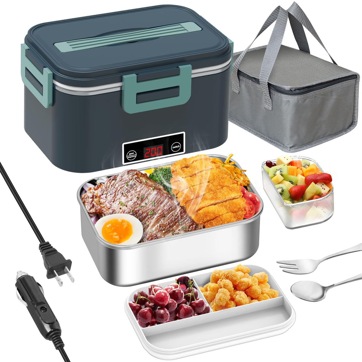 Boîte à lunch chauffante électrique pour adultes 80W avec affichage de température numérique 12V/24V/110V 1.8L en acier inoxydable et conteneur à fruits 1L PP, chauffe-plat portable pour voiture/travail