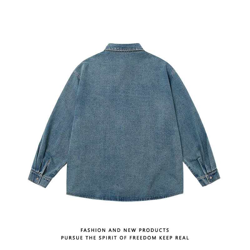 Men's Unisex Vintage Washed Denim Shirt | Oversized Streetwear Jacket | Cotton-Rich Relaxed Fit Layering Essential (M-5XL)