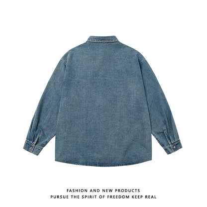 Men's Unisex Vintage Washed Denim Shirt | Oversized Streetwear Jacket | Cotton-Rich Relaxed Fit Layering Essential (M-5XL)