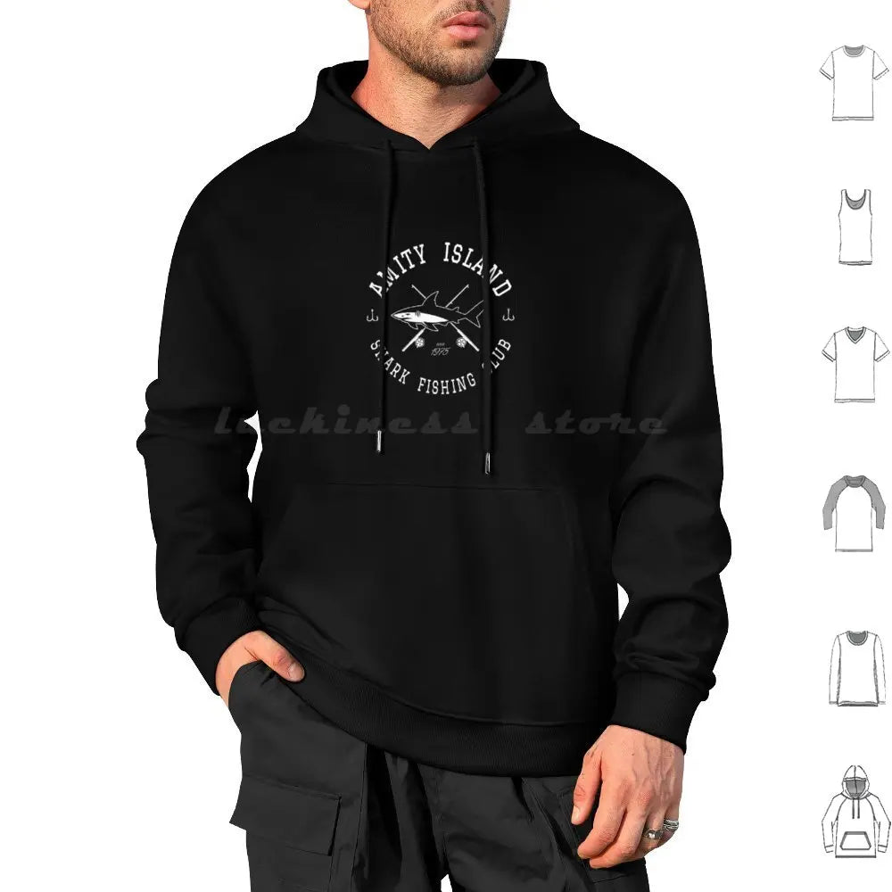 Amity Island Shark Fishing Club White Hoodies Long Sleeve Sharks Shark Week Jaws Parody Teeth Attack Bite Quint Brody