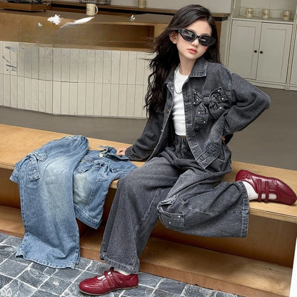 Teen Girls Bow Clothes Sets Denim Jacket+Wide Leg Jeans 2pcs Junior Kid Coat Pants Suit Child Outfits 4-14 vetement enfant fille