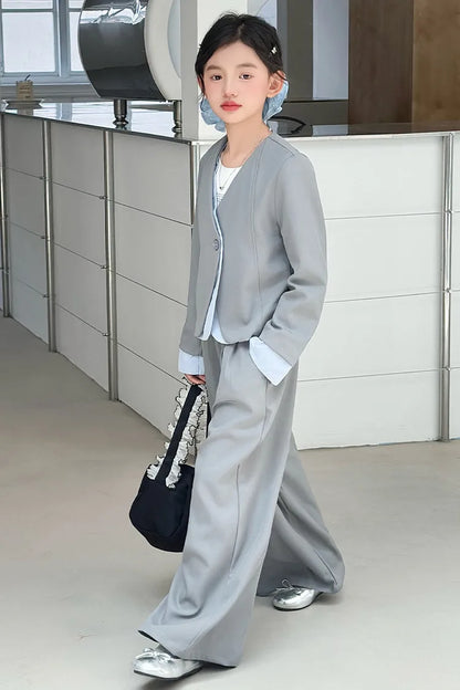 vetement enfant fille teen girls suit set Color blocked suit jacket+wide leg pants 2 junior kids gray clothes sets child outfits
