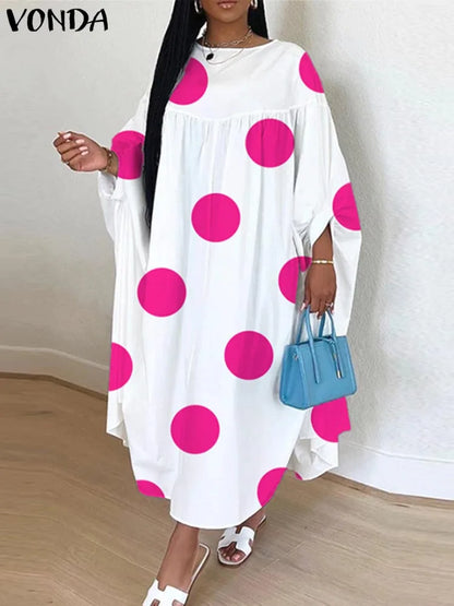 Plus Size VONDA Women Dot Printed Dress Bohemian Sundress 2025 Three Quarter Summer Party Vestidos Bat-wing Sleeve Casual Robe