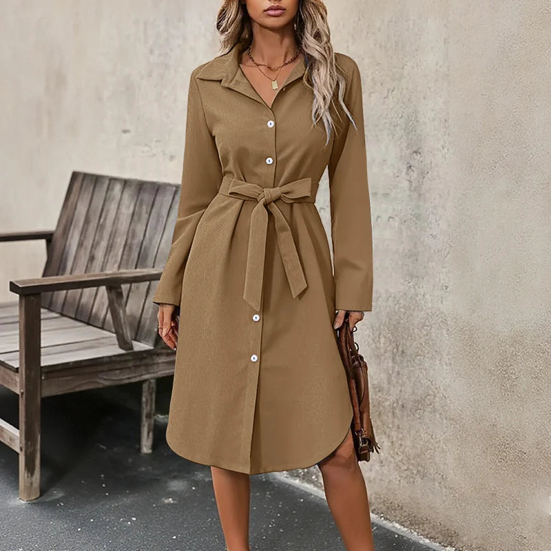 Elegant Plus Size Dresses VONDA Women Corduroy Midi Vestidos 2025 Autumn Long Sleeve Solid Casual Streetwear Holiday Party Robe
