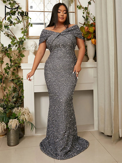 Missord Grey Sequin Plus Size Evening Dress Elegant Women Off Shoulder Bodycon Maxi Mermaid Party Prom Dresses Long Formal Gown