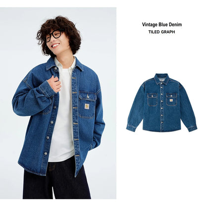 Metersbonwe Men's Vintage Distressed Utility Denim Shirt Jacket Classic Flap Pockets Oversized Fit Outerwear Casual Street Style