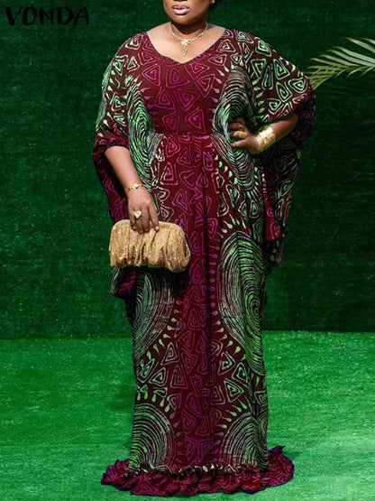 Plus Size 5XL VONDA Women Maxi Long Dress Bohemian Printed Sundress 2025 Vintage Bat-wing Sleeve Vestidos Casual Robe