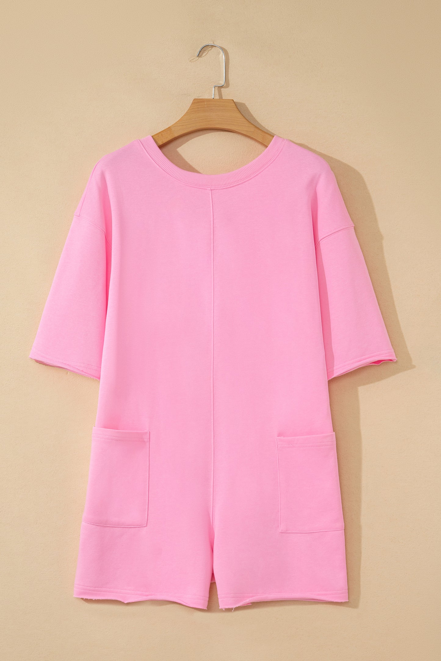 Fiery Red Solid Color Raw Edge Half Sleeve Pocketed Loose Romper
