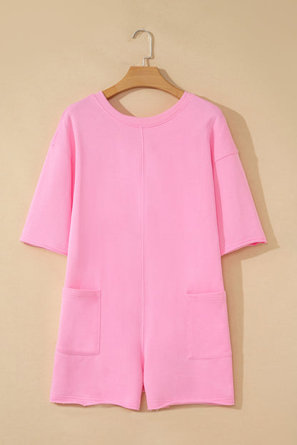 Fiery Red Solid Color Raw Edge Half Sleeve Pocketed Loose Romper