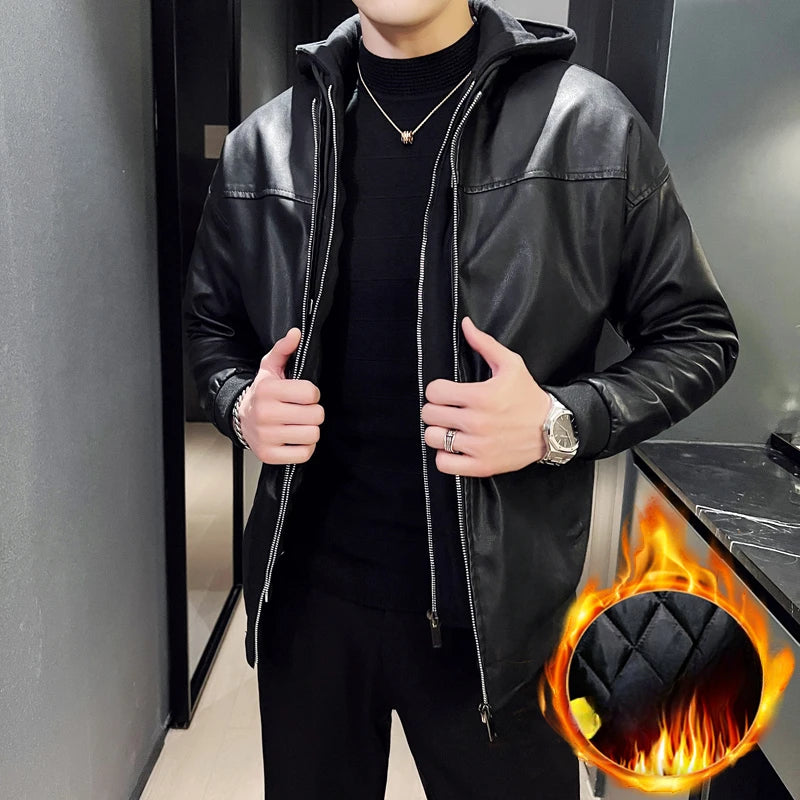 Double-layer Thicken Warm PU Jacket Top Men Loose Windproof Waterproof Hooded Outerwear Spring Fall Male Motorcycle Leather Coat