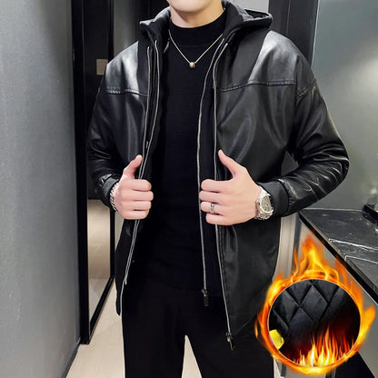 Double-layer Thicken Warm PU Jacket Top Men Loose Windproof Waterproof Hooded Outerwear Spring Fall Male Motorcycle Leather Coat
