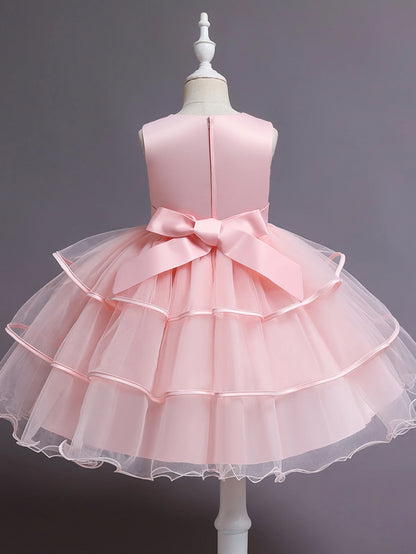 Pink Girl's floral embroidery dress sleeveless slim princess birthday party dress piano performance Wear