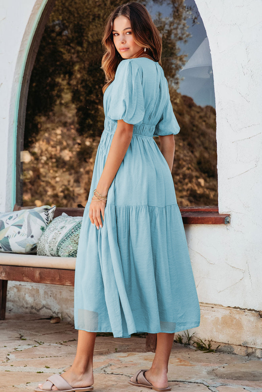 Pink Puff Sleeve High Waist Flowy Midi Dress