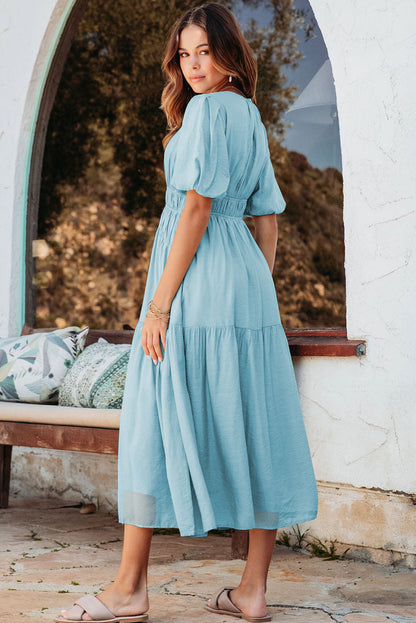 Pink Puff Sleeve High Waist Flowy Midi Dress