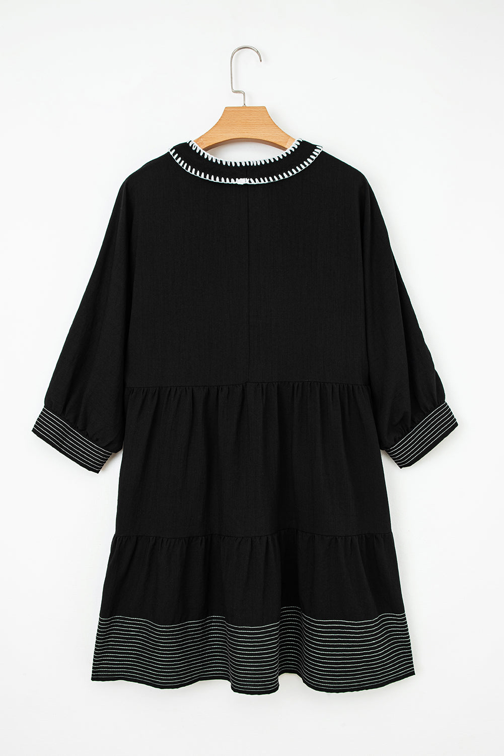 Jungle Green Contrast Stitched V Neck 3/4 Sleeve Swing Mini Dress
