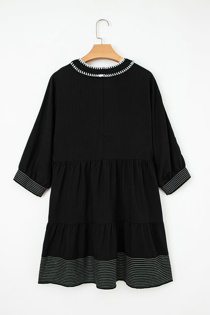 Jungle Green Contrast Stitched V Neck 3/4 Sleeve Swing Mini Dress