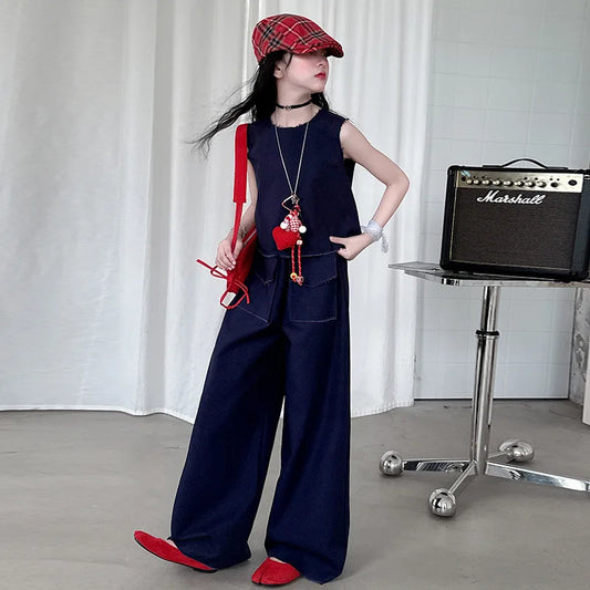 4-14 design teen girl Summer clothes set Hairy denim vest+Wide leg jeans 2pc junior kid pants suit child outfits vetement enfant