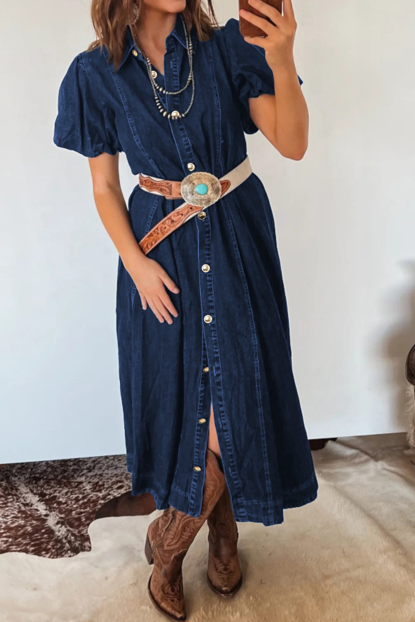 Beau Blue Full Buttons Collared Short Bubble Sleeve Long Denim Dress