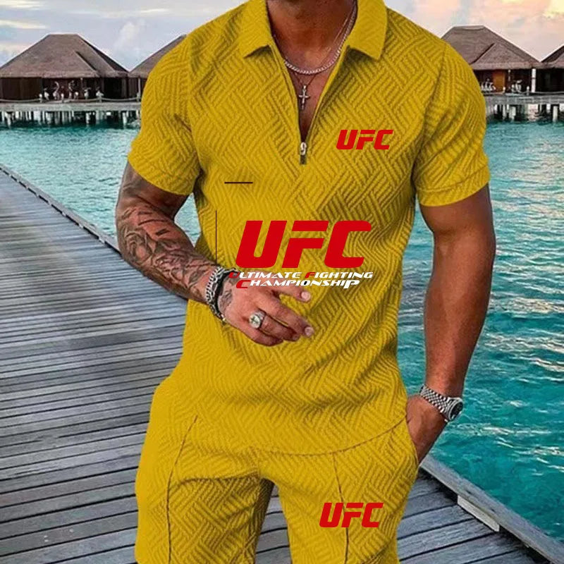 2025 Summer New Casual Fashion Style Polo Set, UFC Fighting Fans, Zipper Polo Shirt+Shorts, Outdoor Sports Two Piece Set