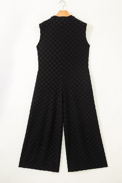 Black Half Buttons Sleeveless Wide Leg Textured Jumpsuit