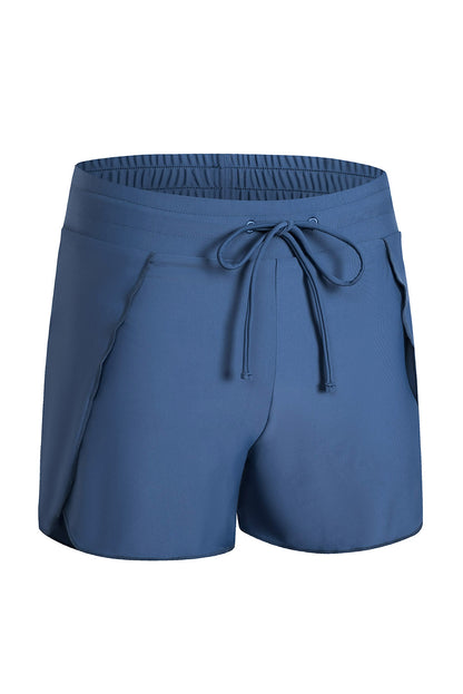 Blue Solid Color 2-in-1 Drawstring Elastic Waist Swim Shorts
