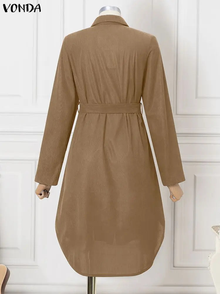 Elegant Plus Size Dresses VONDA Women Corduroy Midi Vestidos 2025 Autumn Long Sleeve Solid Casual Streetwear Holiday Party Robe