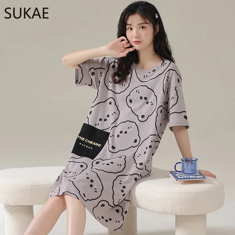 Summer Cute Style Women's Dresses Home Ice Silk Nightgown Plus Size Women's Short Sleeve Round Neck Dress Y2K Dresses
