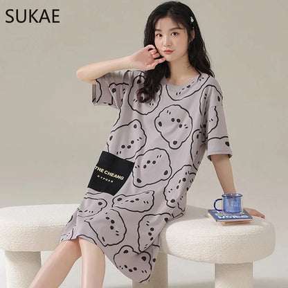 Summer Cute Style Women's Dresses Home Ice Silk Nightgown Plus Size Women's Short Sleeve Round Neck Dress Y2K Dresses