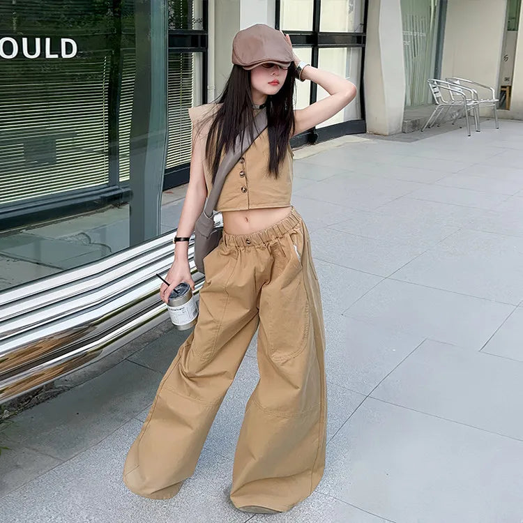 summer teen girl khaki casual clothes suit sleeveless vest top+wide leg 2pcs junior kid suit child outfits vetement enfant fille