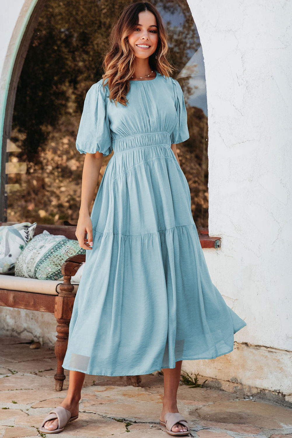 Pink Puff Sleeve High Waist Flowy Midi Dress