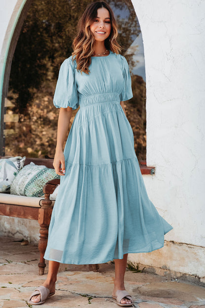Pink Puff Sleeve High Waist Flowy Midi Dress