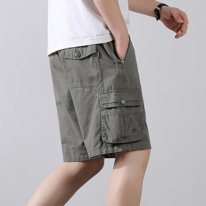 Cotton Cargo Shorts Men Summer Breathable Drawstring Short Pants Casual Loose Straight Work Shorts Elastic Waist Outdoor Shorts