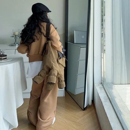 Teen Girls Casual Clothes Set Black Khaki Zipper Jacket+Wide leg pants 2pcs Junior Kids Suit Child Outfits Vetement enfant fille