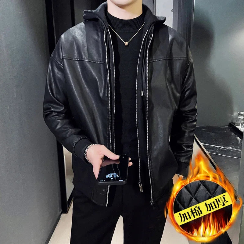 Double-layer Thicken Warm PU Jacket Top Men Loose Windproof Waterproof Hooded Outerwear Spring Fall Male Motorcycle Leather Coat