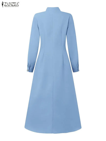 ZANZEA Plus Size Women's Midi Dresses Elegant Casual Mock Neck Long Sleeve Button Up A-Line Long Dress FW Woman Clothing 5XL