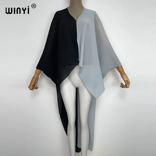 2022 WINYI Europe Sexy color matching Women crumple Design Loose boho robe Long Beach Cover up Summer Party Elegant Dress