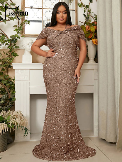 Missord Grey Sequin Plus Size Evening Dress Elegant Women Off Shoulder Bodycon Maxi Mermaid Party Prom Dresses Long Formal Gown